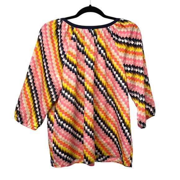 Ann Taylor Factory Womens Multicolor Blouse Splitneck Navy Trim Geometric M - Picture 3 of 7